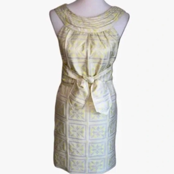 NWT! Eccoici Yellow Jacquard Sheath Dress w Waist Tie Retro Mod Party Dress - 6 - Picture 2 of 11